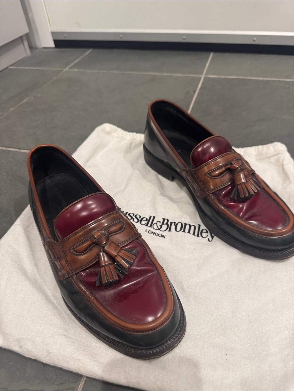 Men’s Two-Tone Burgundy & Brown Tassel Loafers - Russell & Bromley London